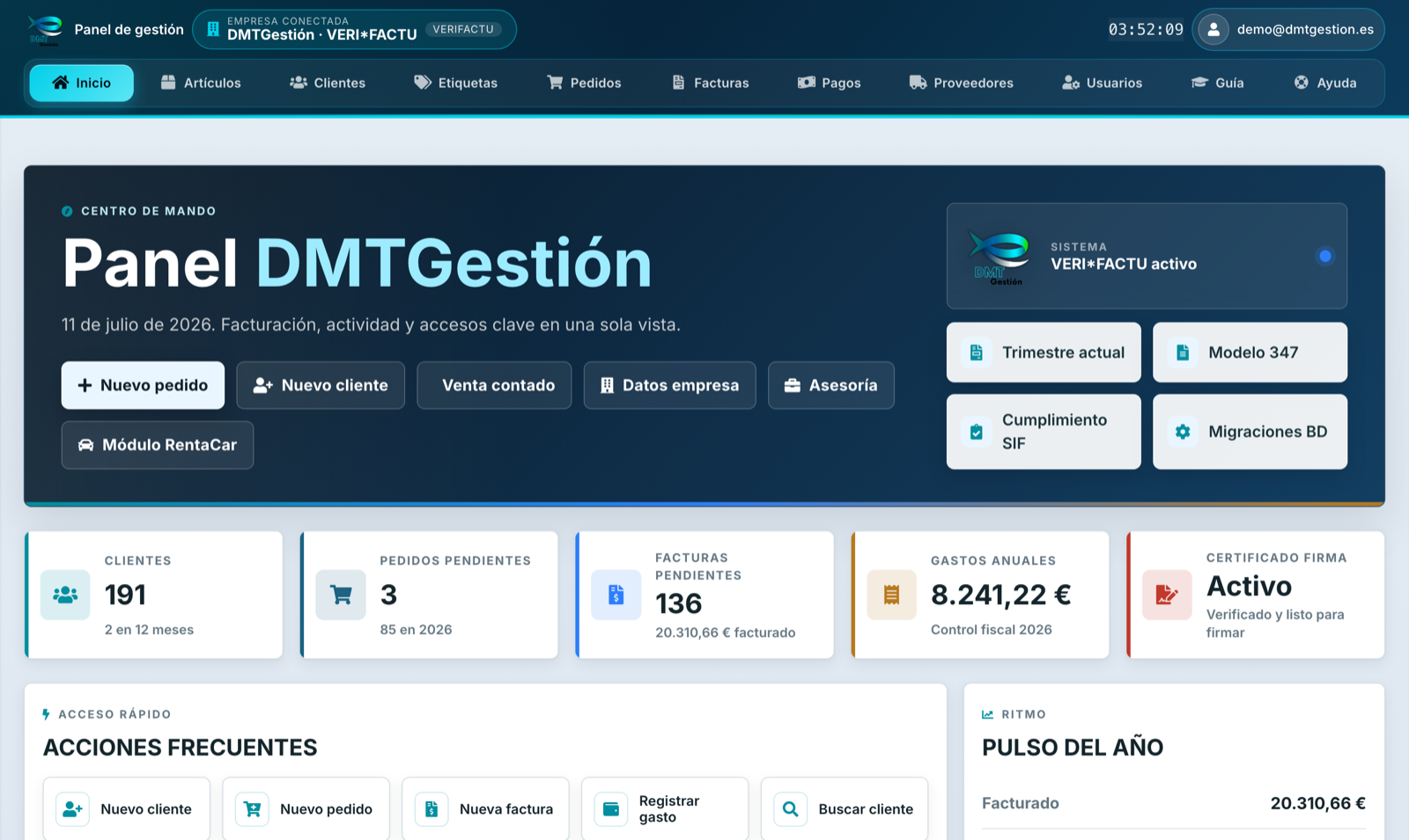 Panel de DMTGestión: facturación VERI*FACTU, venta contado, informes y módulo rent a car